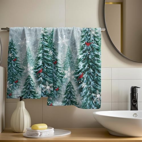 Winter Christmas Trees Hand Towels Set of 2, 28x14 Inch Nature Green Forest Mountain Birds Decorative Fingertip Towel Soft Absorbent Dish Cloths for Guest Gym Yoga Home Decor
