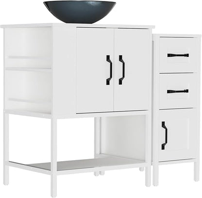 VNN Bathroom Vanity with Sink - 36 Inch Bathroom Vanity with Sink, Open Shelves and 3 Storage Drawers Side Cabinet, Modern Iron Wood Cabinet with Countertop Tempered Glass Vessel, White