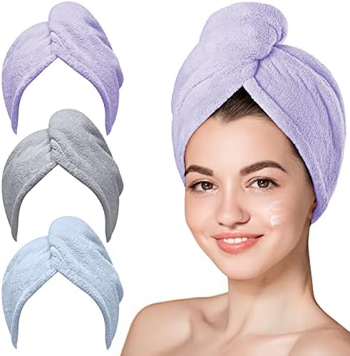 Hicober Microfiber Hair Towel Wrap for Women, Purple Blue Grey, 3-Pack