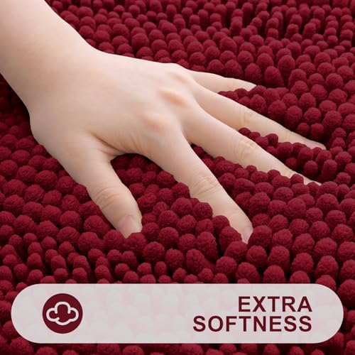 Grandaily Chenille Striped Bathroom Rugs 24x16, Extra Thick and Absorbent Bath Mats, Non-Slip Soft Plush Shaggy Shower Carpet, Machine Wash Dry, Bath Rug for Bathroom, (Small, Red)