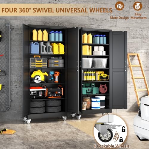 75" Metal Garage Storage Locker Cabinet with Wheels,Rolling Black Farmhouse Kitchen Pantry Cabinet with 2 Doors and 5 Adjustable Shelves, Steel File Tool Cabinet for Home Office Warehouse