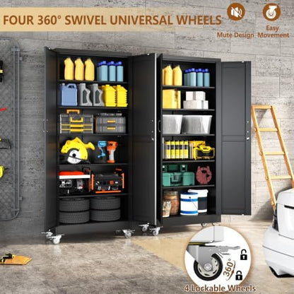 75" Metal Garage Storage Locker Cabinet with Wheels,Rolling Black Farmhouse Kitchen Pantry Cabinet with 2 Doors and 5 Adjustable Shelves, Steel File Tool Cabinet for Home Office Warehouse