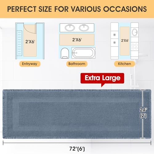 IM HOME Extra Large Waffle Bath Mat, Boho Bathroom Rugs Absorbent Non Slip, Ultra Soft Bathroom Mat, Machine Washable Knit Bath Rugs with Tassels for Bathroom, Bedroom, Kitchen, Shower, 6'x2', Blue
