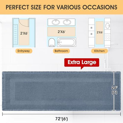 IM HOME Extra Large Waffle Bath Mat, Boho Bathroom Rugs Absorbent Non Slip, Ultra Soft Bathroom Mat, Machine Washable Knit Bath Rugs with Tassels for Bathroom, Bedroom, Kitchen, Shower, 6'x2', Blue