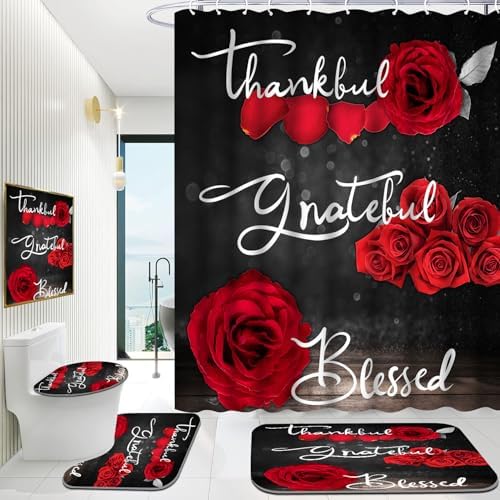 Onalasyc 4Pcs Red Rose Floral Shower Curtain with Rugs Set