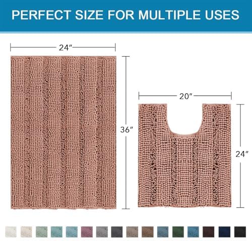 H.VERSAILTEX Bathroom Rugs Bath Rug Set 2 Piece Bathroom Contour Rug Toilet Mat Non Slip Contour Bath Rug Ultra Thick Water Absorbent Striped Bath Mats Washable(36" x 24" Plus 20" x 24" U, Muted Clay)