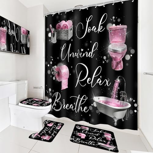 Pink Black Girls Girly Quotes 4Pcs Bathroom Shower Curtain Set with Rugs