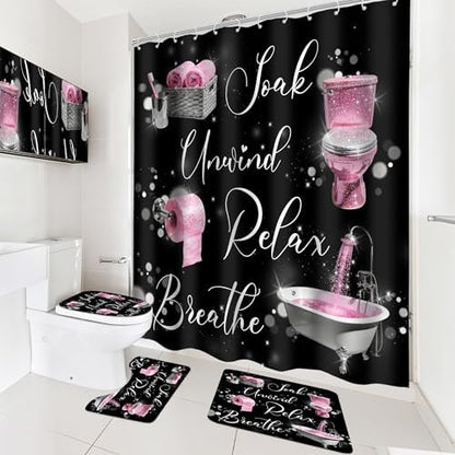 Pink Black Girls Girly Quotes 4Pcs Bathroom Shower Curtain Set with Rugs
