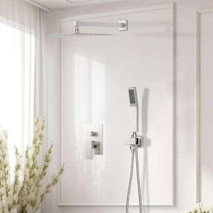 Shower System Shower Faucet Set, STARBATH 8" Wall Mount Rain Shower Head and Handheld Spray for Two Person, Rainfall Shower System with Diverter Valve and Trim Kit Complete,Brushed Nickel