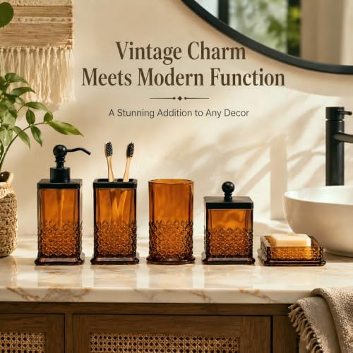 JKE Heavy Glass 5Pcs Amber Bathroom Set Accessories Vintage