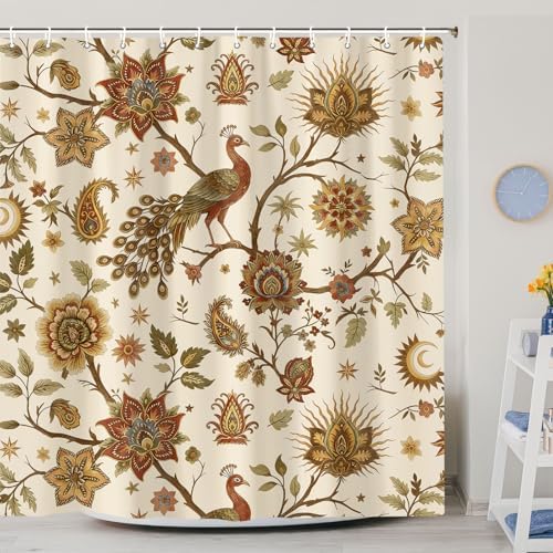 Boho Chic Beige Floral Shower Curtain, Vintage Rustic Antique Victorian Peacock Paisley Farmhouse Shower Curtain Set, Witchy Aesthetic Retro Bath Curtains Bathroom Accessories with Hooks,72X72 Cream