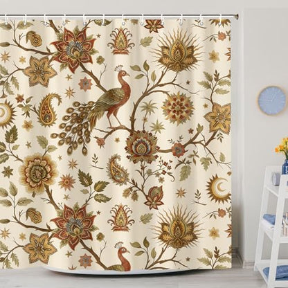 Boho Chic Beige Floral Shower Curtain, Vintage Rustic Antique Victorian Peacock Paisley Farmhouse Shower Curtain Set, Witchy Aesthetic Retro Bath Curtains Bathroom Accessories with Hooks,72X72 Cream