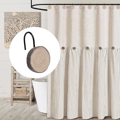 Sunlit Farmhouse Wooden Slices Shower Curtain Hooks, Rustic Home Decorative Shower Curtain Rings with Black Hooks for Bathroom, Resin Shower Curtain Hangers Bathroom Accessories, Set of 12