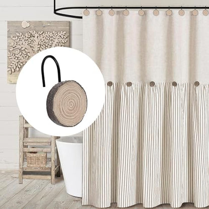 Sunlit Farmhouse Wooden Slices Shower Curtain Hooks, Rustic Home Decorative Shower Curtain Rings with Black Hooks for Bathroom, Resin Shower Curtain Hangers Bathroom Accessories, Set of 12