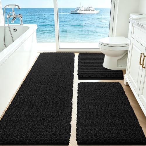 ACCUMTEK Upgrade Extra Large Black Bathroom Rug Set 3 Pieces Ultra Soft, Thick Absorbent Bath Mats, Non Slip Chenille Toilet Mat for Bathroom, Bedroom, Kitchen