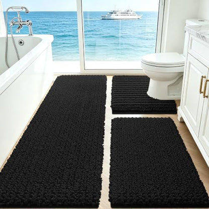 ACCUMTEK Upgrade Extra Large Black Bathroom Rug Set 3 Pieces Ultra Soft, Thick Absorbent Bath Mats, Non Slip Chenille Toilet Mat for Bathroom, Bedroom, Kitchen