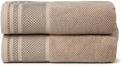 Texere 100% Organic Cotton Rice Weave Jacquard 700 GSM Luxury Bath Towel Sets - Ultra Soft and Absorbent Hotel and Spa Quality (Rice Weave, Oxford Tan, 2 Bath Towels)