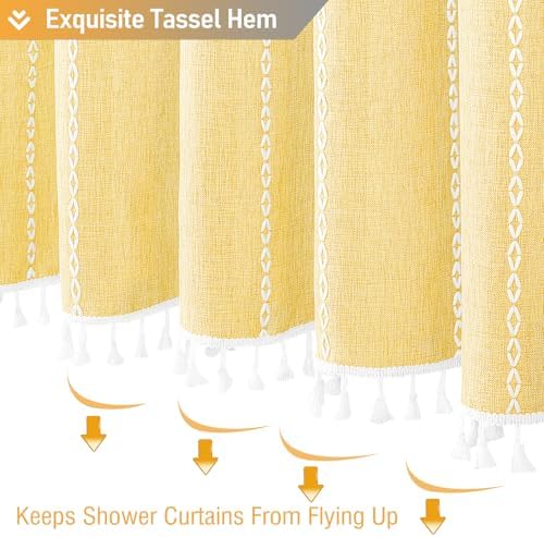 BTTN Yellow Cream Boho Farmhouse Linen Heavy Duty Shower Curtain Set, 72x72