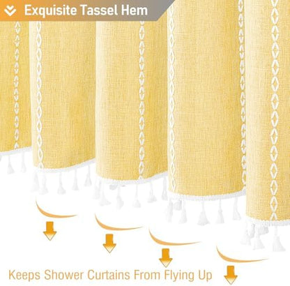 BTTN Yellow Cream Boho Farmhouse Linen Heavy Duty Shower Curtain Set, 72x72