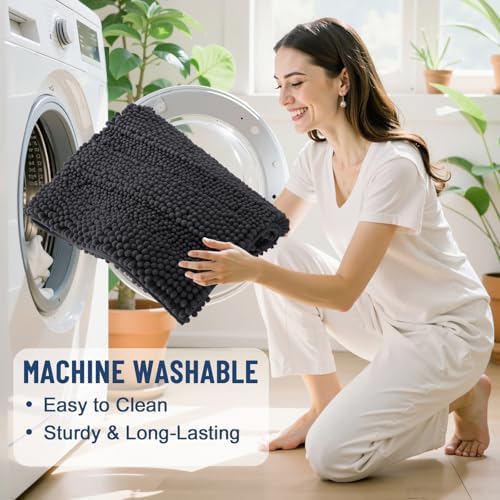 Grandaily Chenille Striped Bathroom Rugs 24x16, Extra Thick and Soft Absorbent Bath Mats, Rubber Backing, Plush Shaggy Shower Carpet, Machine Wash Dry, Bath Rug for Bathroom, Charcoal