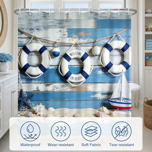 Waterproof Nautical Shower Curtain with Hooks, Deck Swim Ring Fabric Shower Curtains for Bathroom, Metal Grommets & Weighted Hem, Machine Washable Bathroom Shower Curtain Set, 72" W x 72" L