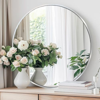 Silver Circle Mirror 26 inch, Round Mirror, Brushed Nickel, Chrome