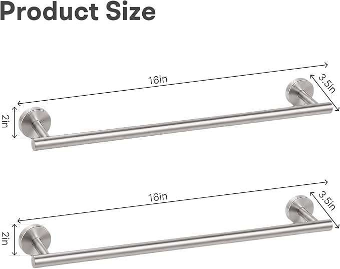 16 Inch Brushed Nickel Bathroom Towel Bar, 2 Pieces Towel Racks for Bathroom SUS304 Thicken Stainless Steel Towel Holder