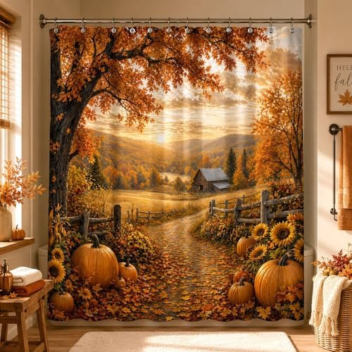 Autumn Pumpkin Shower Curtain, Fall Farmhouse Bathroom Curtain, Thanksgiving Harvest Sunflower Maple Leaves Country Road Waterproof Polyester Fabric Bath Curtain with Hooks 72x72 Inch
