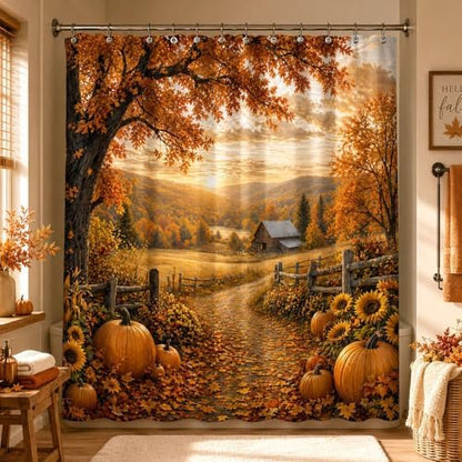 Autumn Pumpkin Shower Curtain, Fall Farmhouse Bathroom Curtain, Thanksgiving Harvest Sunflower Maple Leaves Country Road Waterproof Polyester Fabric Bath Curtain with Hooks 72x72 Inch