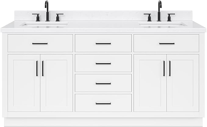 ARIEL Hepburn 72-inch Bathroom Vanity with Sink,Solid Wood, 1.5-inch Carrara White Quartz Countertop & Backsplash, Double Rectangular Porcelain Sink, 4 Soft Closing Doors, 6 Dovetail Drawers, White