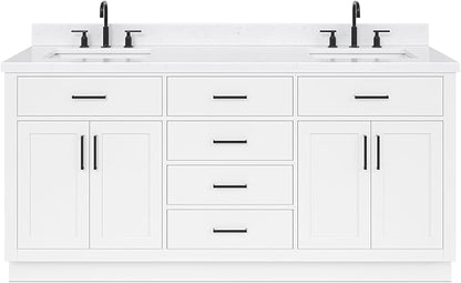 ARIEL Hepburn 72-inch Bathroom Vanity with Sink,Solid Wood, 1.5-inch Carrara White Quartz Countertop & Backsplash, Double Rectangular Porcelain Sink, 4 Soft Closing Doors, 6 Dovetail Drawers, White