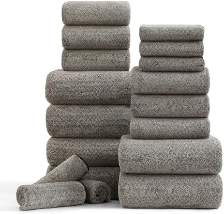 Ycosy 18 Piece Bath Towels Set,100% Microfiber Family Bathroom Towel with Hanging Loops-6 Bath Towels,6 Hand Towels,6 Washcloths,Quick Dry Highly Absorbent Shower Towel for Bathroom,Hotel,Spa-Brown