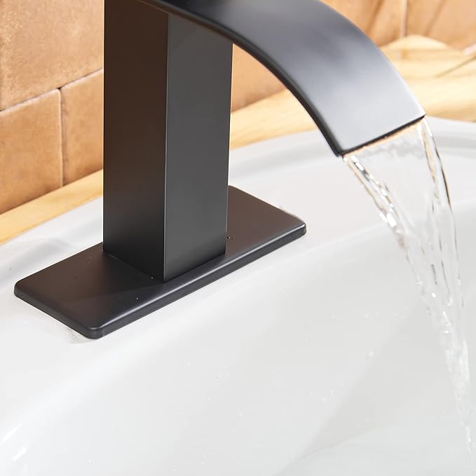 BWE Matte Black Bathroom Faucet Modern Waterfall Single Hole Faucet for Bathroom Sink Single Handle with Pop Up Drain with Overflow Assembly and Supply Line Lavatory Bath Faucet