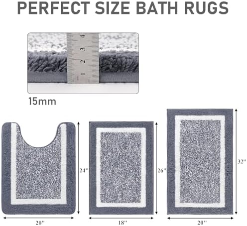 Pauwer 3 Piece Bathroom Rug Set, Non Slip Washable Bath Mat, Dark Grey