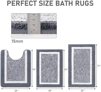 Pauwer 3 Piece Bathroom Rug Set, Non Slip Washable Bath Mat, Dark Grey