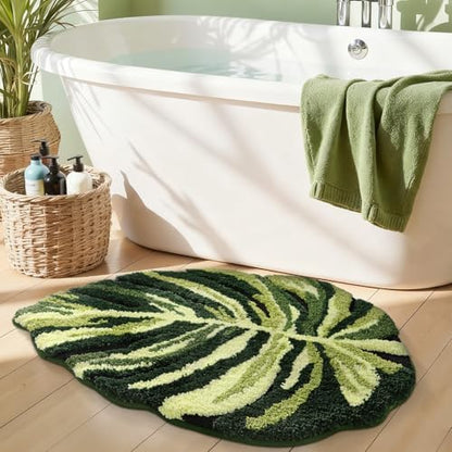 LUMI Cute Bathroom Rug Green Leaf, Absorbent Non Slip Bath Mat, 24"x32"