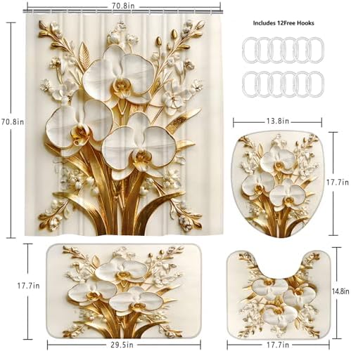 Chrainy 4pcs Golden Floral Shower Cutain Bathroom Decor Sets with Rugs