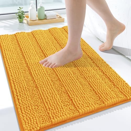 Grandaily Chenille Striped Bathroom Rugs 24x16, Extra Thick and Soft Absorbent Bath Mats, Rubber Backing, Plush Shaggy Shower Carpet, Machine Wash Dry, Bath Rug for Bathroom, Golden Yellow