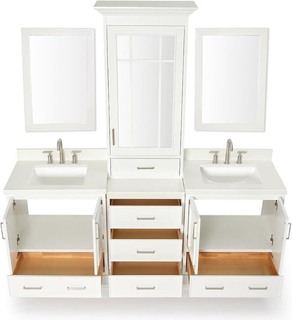 ARIEL Stafford 84-inch Bathroom Vanity with Sink,Solid Wood, 1.5-inch Pure White Quartz Countertop & Backsplash, Double Rectangular Porcelain Sink, 5 Soft Closing Doors, 6 Dovetail Drawers, White
