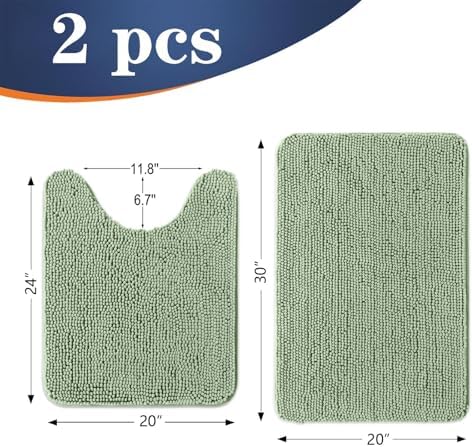 OLANLY Chenille Bathroom Rugs Mats Set 2 Piece, 30"x20"+24"x20", Sage Green