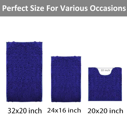 Chenille Bathroom Rug Set - 3-Piece Extra Soft & Absorbent Shag, Machine Washable Mats, Non-Slip PVC Underside, Plush Carpet Mats (Royal Blue)