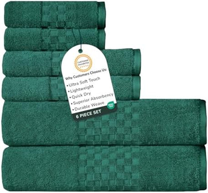 Feather & Stitch 100% Cotton 625 GSM Bath Towel Set of 6, Ultra Soft Highly Absorbent 2 Bath Towels, 2 Hand Towels & 2 Washcloth - Luxury Quick Dry Shower Towels (Hunter Green)