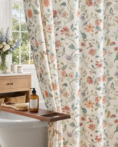jinchan Linen Shower Curtain for Bathroom with 12 Hooks, Beige, 70x72
