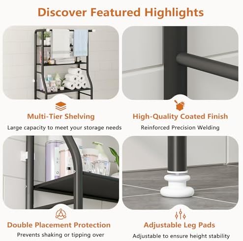 UDEAR 3-Tier Over The Toilet Rack,with Hanging Rod,Tower Shelf,Black