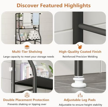 UDEAR 3-Tier Over The Toilet Rack,with Hanging Rod,Tower Shelf,Black