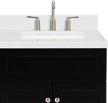 ARIEL Hamlet 72-inch Bathroom Vanity with Sink,Solid Wood, 1.5-inch Carrara White Quartz Countertop & Backsplash, Double Rectangular Porcelain Sink, 4 Soft Closing Doors, 3 Dovetail Drawers, Black