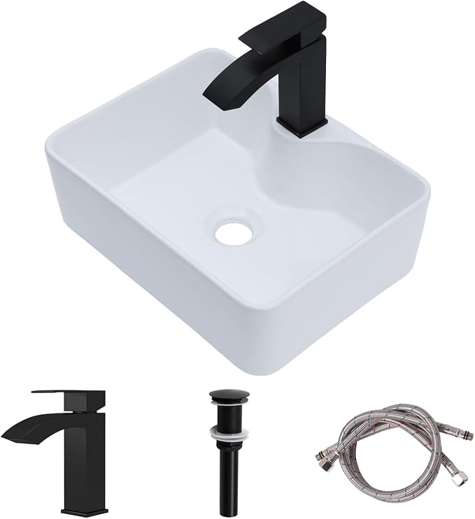 16"x12" Rectangle Bathroom Vessel Sink with Faucet Combo Porcelain Ceramic White Vanity Sink Above Counter Modern Sink with Faucet Hole for Lavatory, Hotel Art Basin, Home Washing Basin