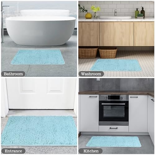 Yeaban Chenille Baby Blue Bathroom Rug 17"x24", Non-Slip Rubber Backing