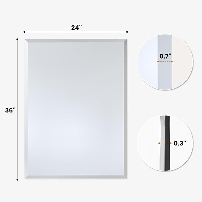 24"x36" Frameless Beveled Rectangular Bathroom Mirror for Over Sink | Broad coverage balances wider vanities and double-sink layouts, while polished edges keep the wall open, bright and refined