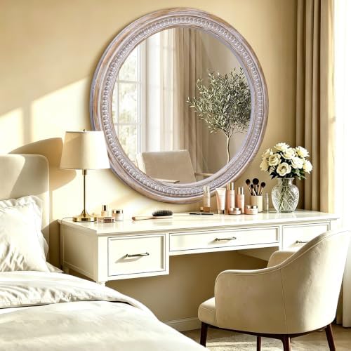 36 Inch Rustic Farmhouse Round Mirrors for Wall Decor, Wooden Circle Mirror